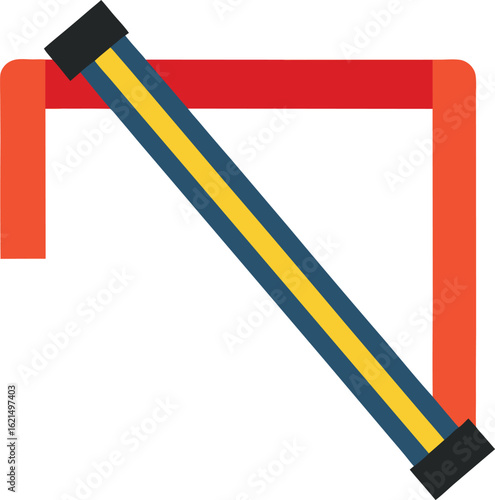 Retractable belt barrier with red stanchion and blue yellow strap