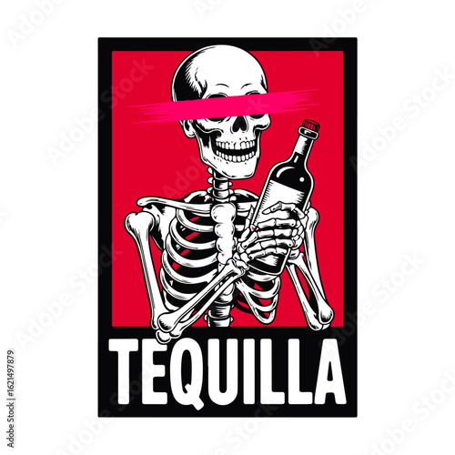 A skeleton holding a bottle of tequila, depicted in a graphic poster style.