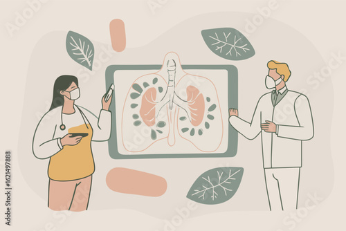 Two doctors examine lung x-ray on tablet screen medical