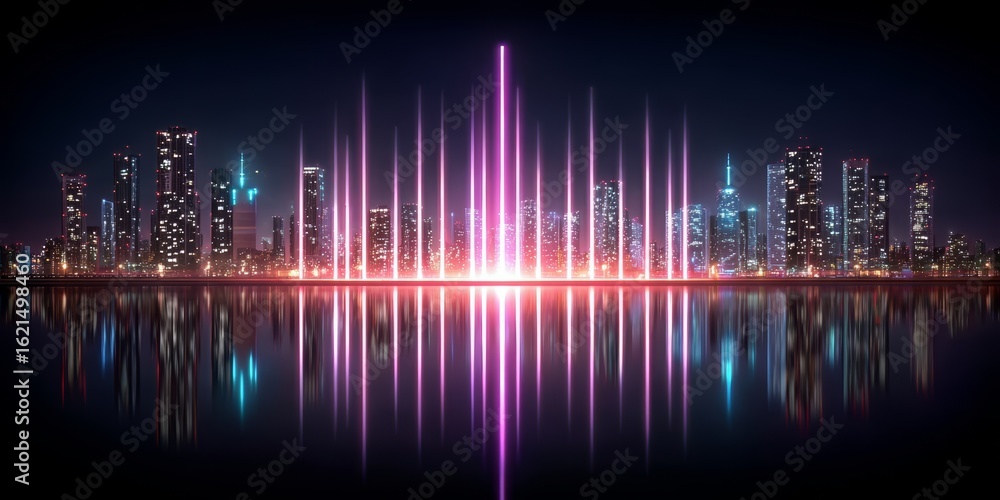 Fototapeta premium City skyline with a large purple and pink light show
