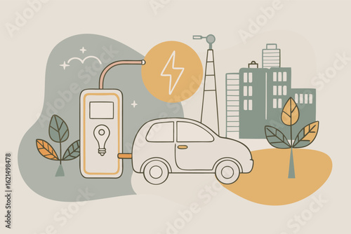 Electric car charging station with city buildings and lightning bolt symbol