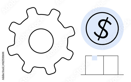Large gear near dollar sign above bars conveys finance, economy, industry, money generation, process optimization. Ideal for business, startups, investments, management engineering financial