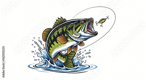 Excited bass leaping for lure artwork catches the thrill of fishing in vibrant detail illustration fun