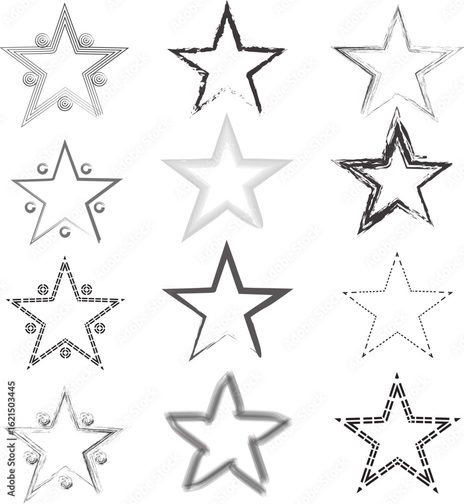 Set of grungy star icons, hand drawn vectors, non AI Set of grungy star icons, hand drawn vectors, non AI
