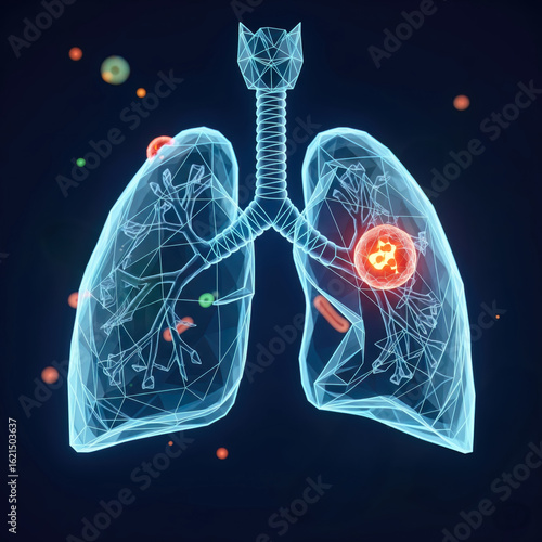 Futuristic lungs infection, tuberculosis concept with glowing low polygonal lungs and bacteria