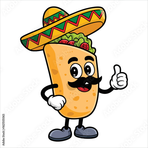 Burrito with mustache and wearing sombrero Mexican hat cartoon mascot illustration character vector clip art hand drawn style ideal for cultural food designs.