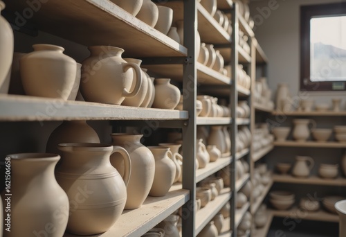 Shelves filled with bisque-fired ceramic pieces ready for glazing