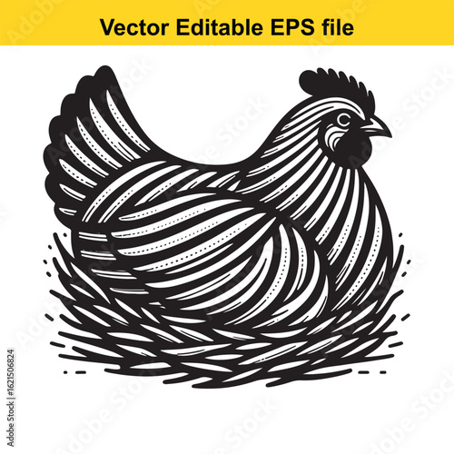 Vector art of stylized chicken in a nest with eggs, isolated on white background