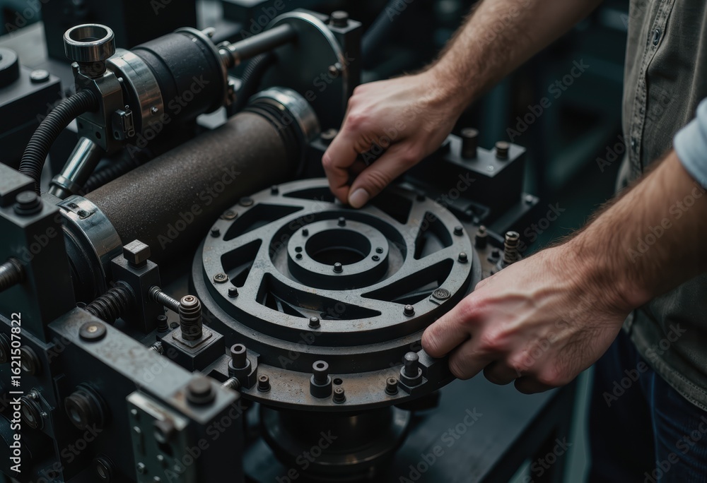 Obraz premium Hands adjusting a vulcanizing press for bonding rubber components