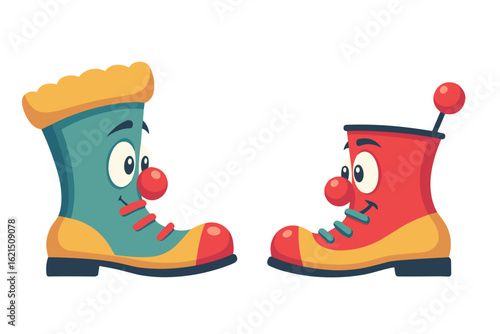 Funny cartoon clown boots with faces, flat style, red and teal colors, playful costume and entertainment concept

