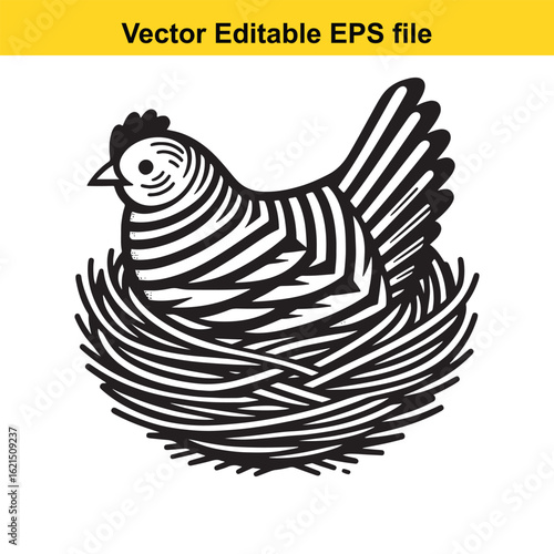 Vector art of stylized chicken in a nest with eggs, isolated on white background