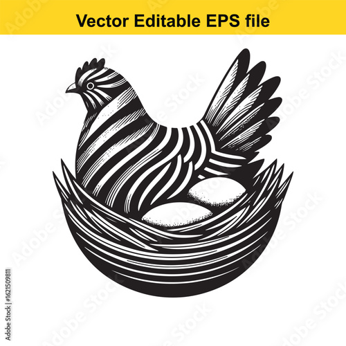 Vector art of stylized chicken in a nest with eggs, isolated on white background