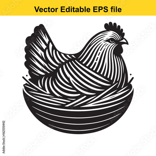 Vector art of stylized chicken in a nest with eggs, isolated on white background