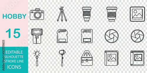 Line art icons for photography hobbies and equipment including cameras and lenses hobby tripod