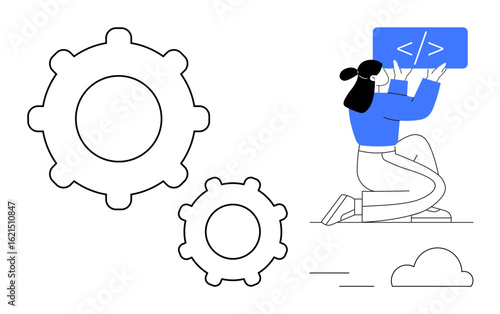Programmer with coding screen and gears, symbolizing setup and programming. Ideal for development, teamwork, automation, software, UIUX, education, and a simple landing page