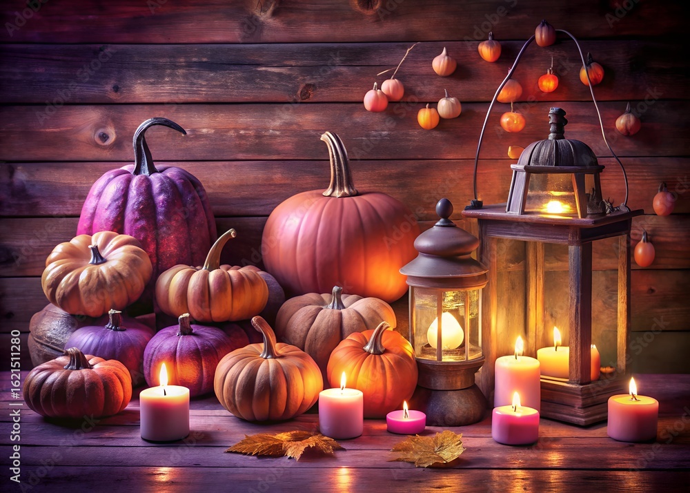Obraz premium Cozy halloween still life with pumpkins, lanterns, and candles on a rustic wooden table, creating a warm and festive atmosphere for the autumn season