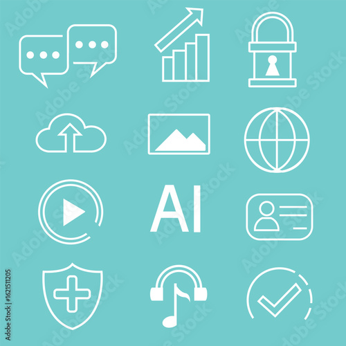 AI and Technology Icon Set – Flat Vector Symbols for Digital Services and User Interface Design