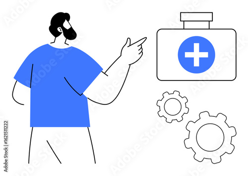 Man in casual attire points to a medical kit with a health cross next to two gears. Ideal for healthcare, innovation, teamwork, medical services, technology, community support, simple landing page