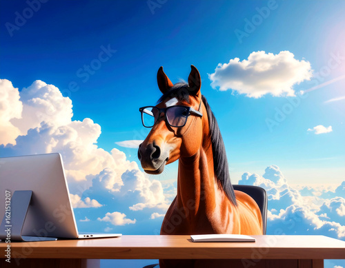 Cheval à lunettes devant son bureau
