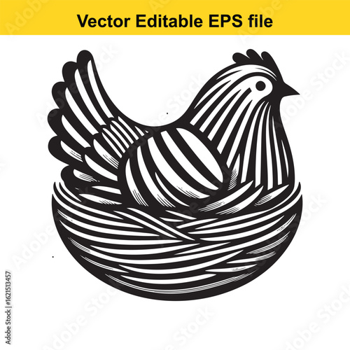 Vector art of stylized chicken in a nest with eggs, isolated on white background