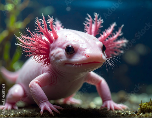 A close-up of an axolotl, showcasing its unique features and delicate pink coloration.