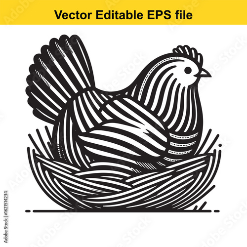 Vector art of stylized chicken in a nest with eggs, isolated on white background