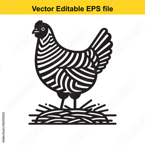 Vector art of stylized chicken in a nest with eggs, isolated on white background