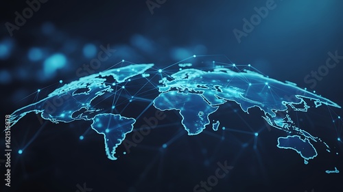 Glowing blue digital world map with interconnected nodes and lines globe earth