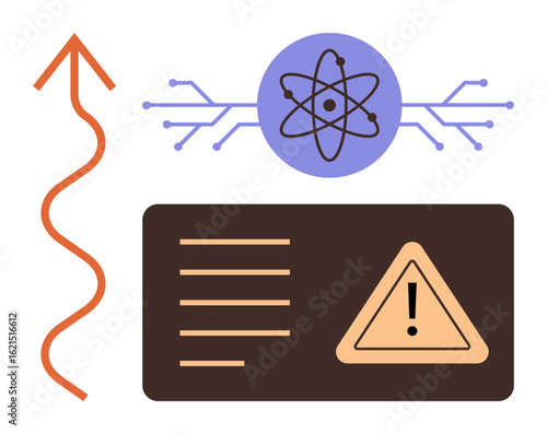 Atom structure with circuit lines, warning sign on dark panel, and rising arrow. Ideal for science, technology, education, research, caution innovation risk. A simple flat metaphor