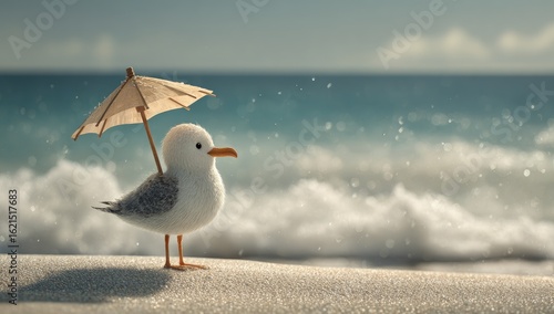 Small seagull with umbrella on beach