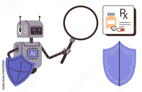 Robot with AI label using magnifying glass, shield for cyber protection, observing medicine prescription. Ideal for healthcare, digital safety, AI innovation, data analysis, cybersecurity, medical