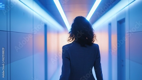 Business person walking down modern hallway