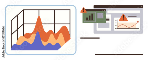 Graphs showing fluctuating data alongside error alerts on a computer screen. Ideal for data analysis, reporting, performance tracking, business intelligence, troubleshooting, technology monitoring