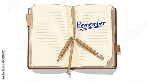 Open journal with the word Remember and a broken pencil for creative agencies