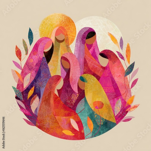 Circle of women, diverse, prayerful, nature, faith, illustration