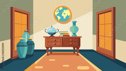 A sideboard in a hallway adorned with vintage ceramic vases old books and a vintage globe.