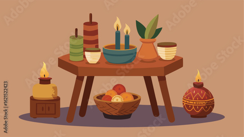 A wooden side table decorated with a mix of ceramic bowls and woven baskets filled with candles and incense sticks.
