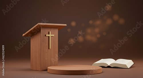 A wooden podium with a cross and an open Bible. Soft lighting adds a spiritual atmosphere.