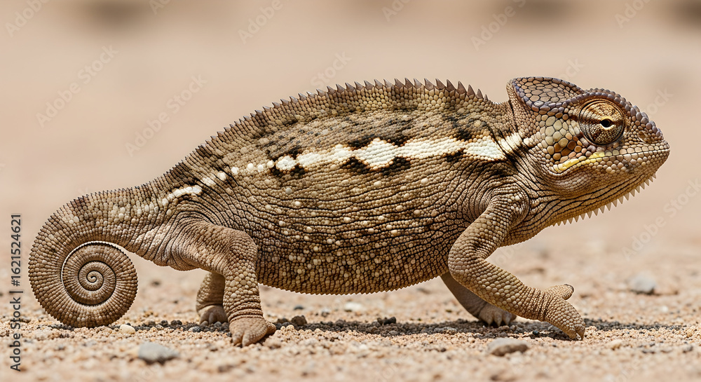 Naklejka premium Tan Chameleon Walking on Sandy Ground with Curled Tail in Natural Light