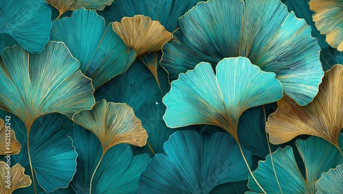 Teal & Gold Ginkgo Leaves Background. Decorative Wallpaper