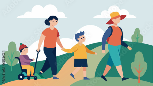 Family Hiking A joyful family of various ages and abilities hiking together on a smooth path including a child using a wheelchair and an adult guiding them.