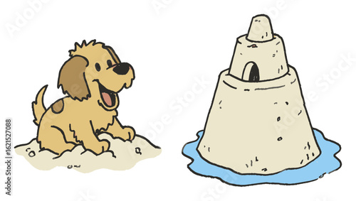 Happy Dog Playing in Sand Beside Sandcastle at Beach Illustration