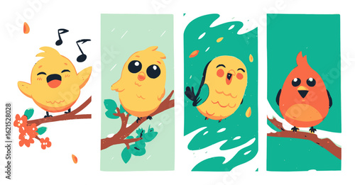 Colorful Cartoon Birds Singing and Perched on Branches in Playful Style