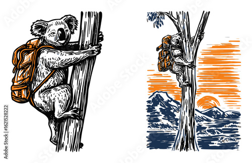 Adventurous Koala Climbing Trees with Backpack in Unique Illustration Style