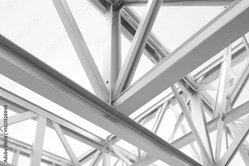 Steel roof structure under construction, interior view. Potential use Architectural rendering Steel roof structure under construction, interior view. Potential use Architectural rendering