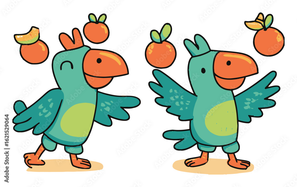 Obraz premium Colorful Cartoon Parrots Juggling Fruits with Playful Expressions and Style