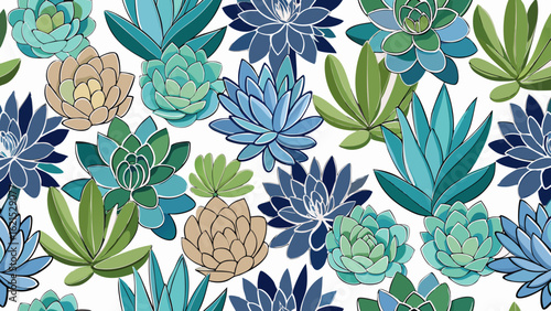 Seamless pattern of stylized succulents in blue and green tones