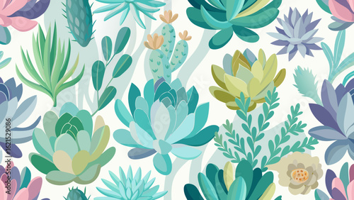 Vibrant succulent garden pattern with cactus and echeveria