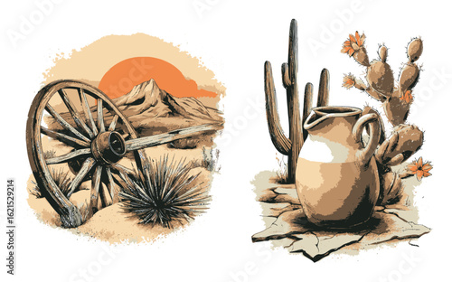 Vintage Western Scene with Wagon Wheel, Cacti, and Clay Pot in Desert Landscape