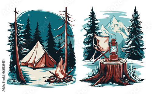 Cozy Camping Scene with Tent, Fire, and Mountain Background in Wilderness